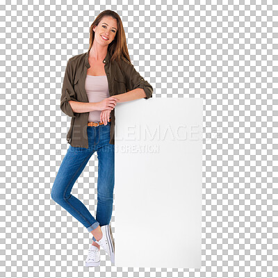 Buy stock photo Billboard sign, poster and portrait of happy woman with commercial, brand logo design or empty placard. Sale advertising, fashion discount and casual person isolated on transparent, png background