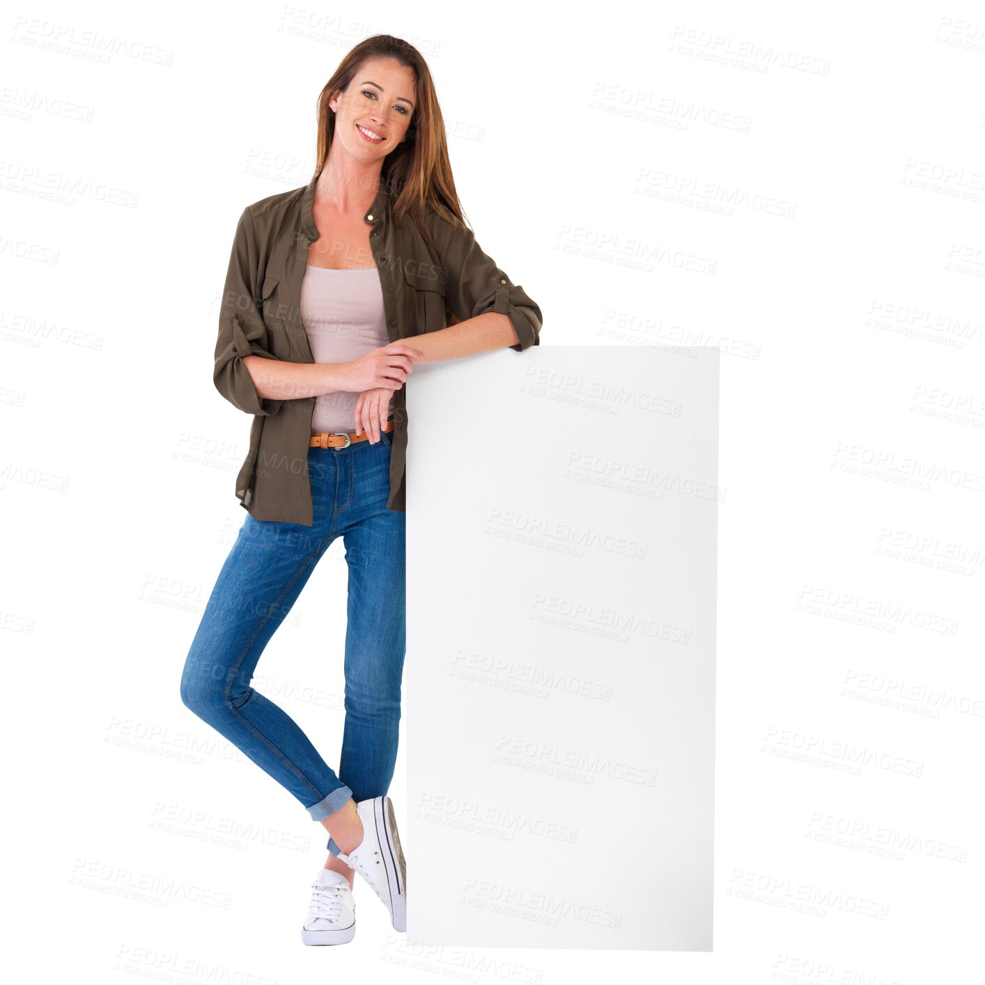 Buy stock photo Billboard sign, poster and portrait of happy woman with commercial, brand logo design or empty placard. Sale advertising, fashion discount and casual person isolated on transparent, png background