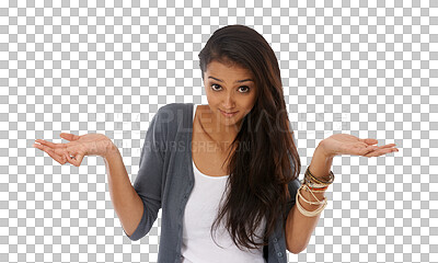 Buy stock photo Doubt, dont know and portrait of confused woman on isolated, PNG and transparent background. Shrug, why and face of female person with hand gesture for confusion with choice, decision and question