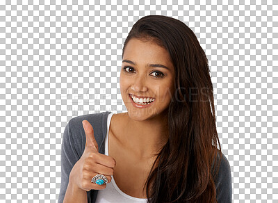 Buy stock photo Woman portrait, thumbs up and goal with yes and happy achievement isolated on transparent, png background. Smile, young female person and success emoji or hand sign with winner and thank you gesture