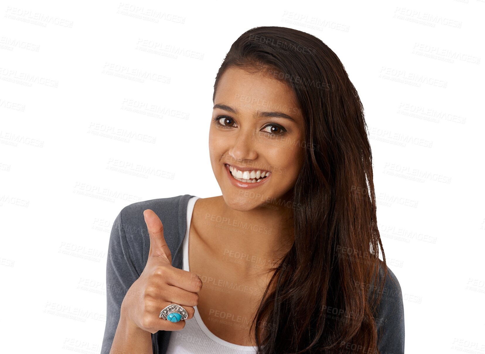 Buy stock photo Woman portrait, thumbs up and goal with yes and happy achievement isolated on transparent, png background. Smile, young female person and success emoji or hand sign with winner and thank you gesture