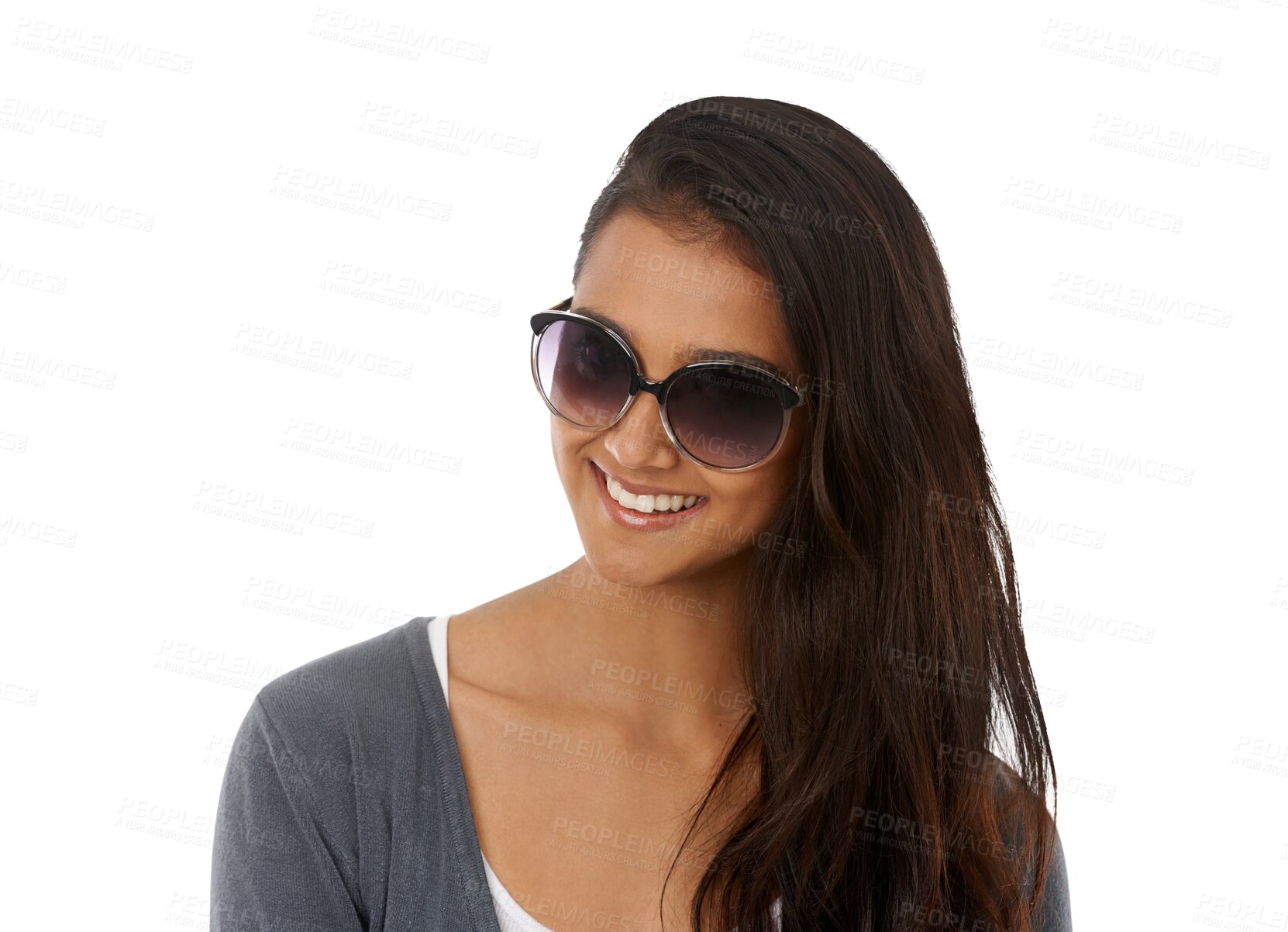 Buy stock photo Sunglasses, smile and happy woman modern fashion on isolated, transparent or png background. Trendy, shades and female person relax, smiling and confident while posing fashionable, cheerful and young