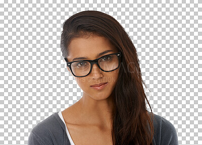 Buy stock photo Glasses, woman and portrait with eyewear isolated on a transparent, png background. Young female person, face and eye care with casual fashion and modern trendy accessories of stylish spectacles