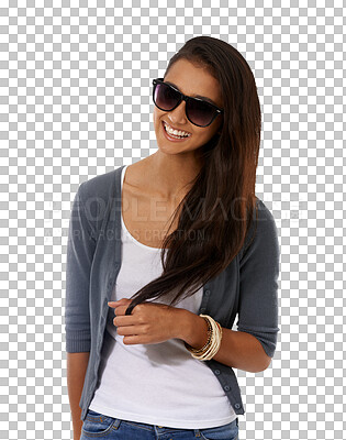 Buy stock photo Sunglasses, face and happy woman in modern fashion isolated on transparent or png background. Trendy, shades and female person relax, excited or confident with style of frame, cheerful and young