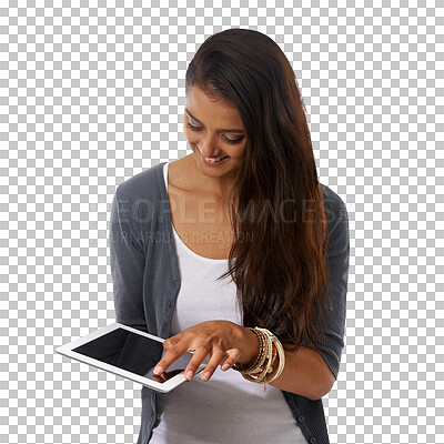 Buy stock photo Digital tablet, mockup and woman reading news or social media on isolated, transparent and png background. Screen, app and Indian female person online for research, ebook or browsing creative ideas