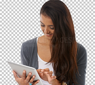 Buy stock photo Woman, typing and digital tablet of a student isolated on a transparent, png background. Happy, female person and technology with writing and social media app on the internet and web for study