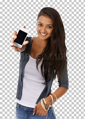 Buy stock photo Phone, mockup and portrait of happy woman advertising social media, space or app on isolated, transparent or png background. Smartphone, screen and face of female person showing internet connection