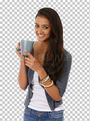 Buy stock photo Coffee cup, woman and portrait with drink relax and happy with hot beverage and smile. Young female person, tea and isolated on a transparent, png background drinking with a mug in morning with style