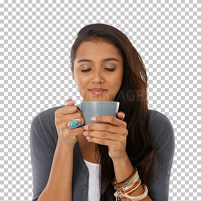 Buy stock photo Coffee, aroma and face of woman relax isolated on transparent png background. Smelling, tea and Indian female person chilling with a beverage, drink and calm for peaceful, stress free and happy break