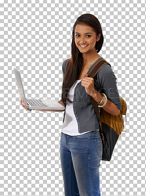 Buy stock photo Woman, laptop and student portrait with backpack and study with technology and elearning. Young female person, computer and isolated on a transparent, png background with a smile from education