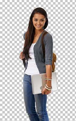 Buy stock photo Woman, portrait and laptop for college study isolated on a transparent, png background. Happy, young female person and technology of a university and online elearning with a computer and backpack