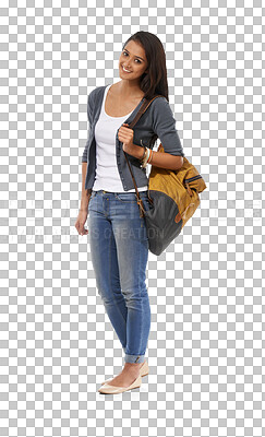 Buy stock photo University student, woman and portrait with backpack for study isolated on a transparent, png background. Education, young female person and college bag with happy smile and confidence from learning