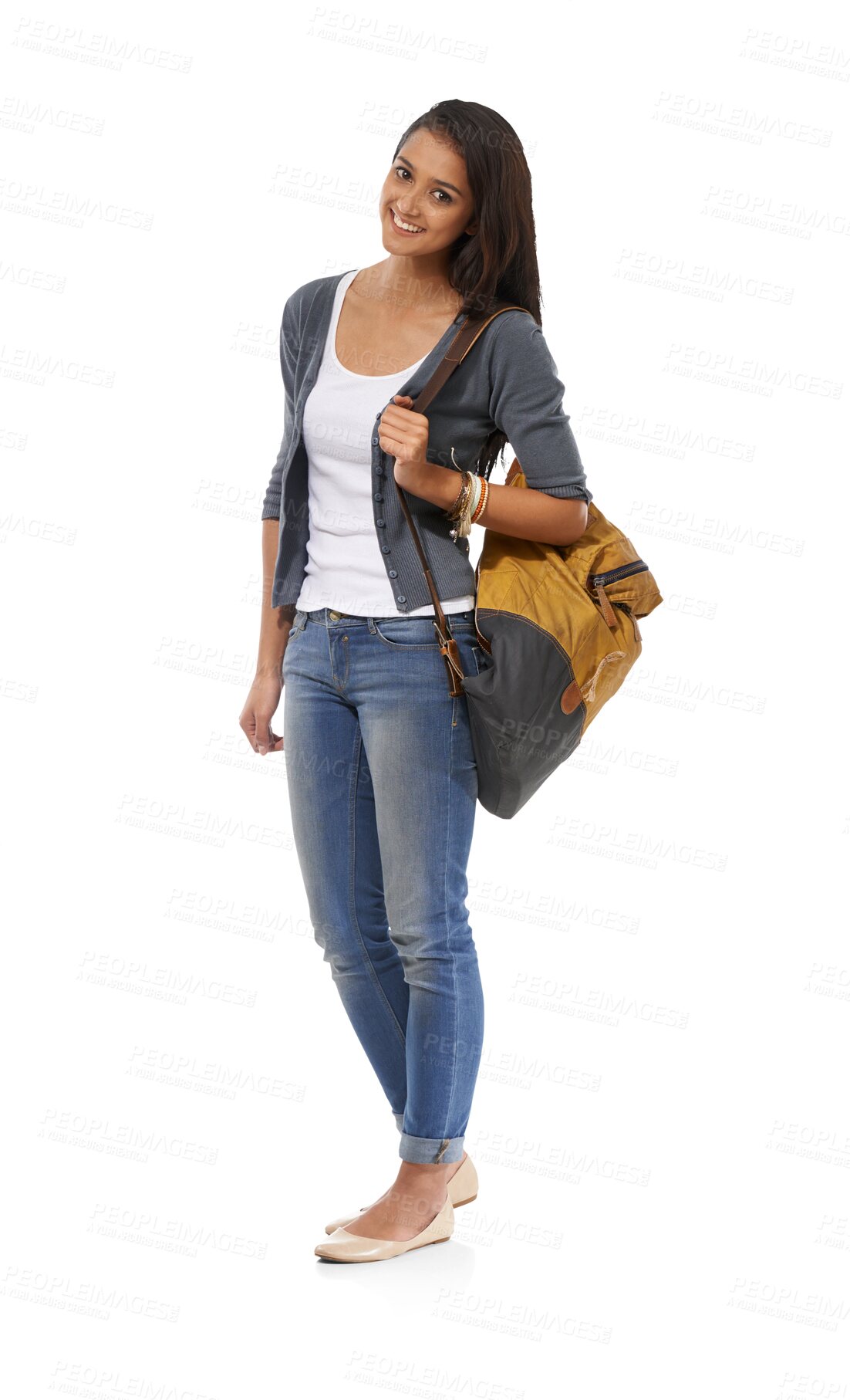 Buy stock photo University student, woman and portrait with backpack for study isolated on a transparent, png background. Education, young female person and college bag with happy smile and confidence from learning