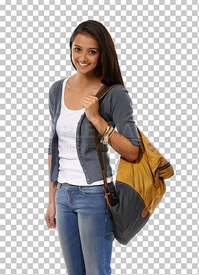 Buy stock photo University student, woman smile and portrait with backpack for study isolated on transparent, png background. Education, female person and college bag feeling happy with confidence from learning