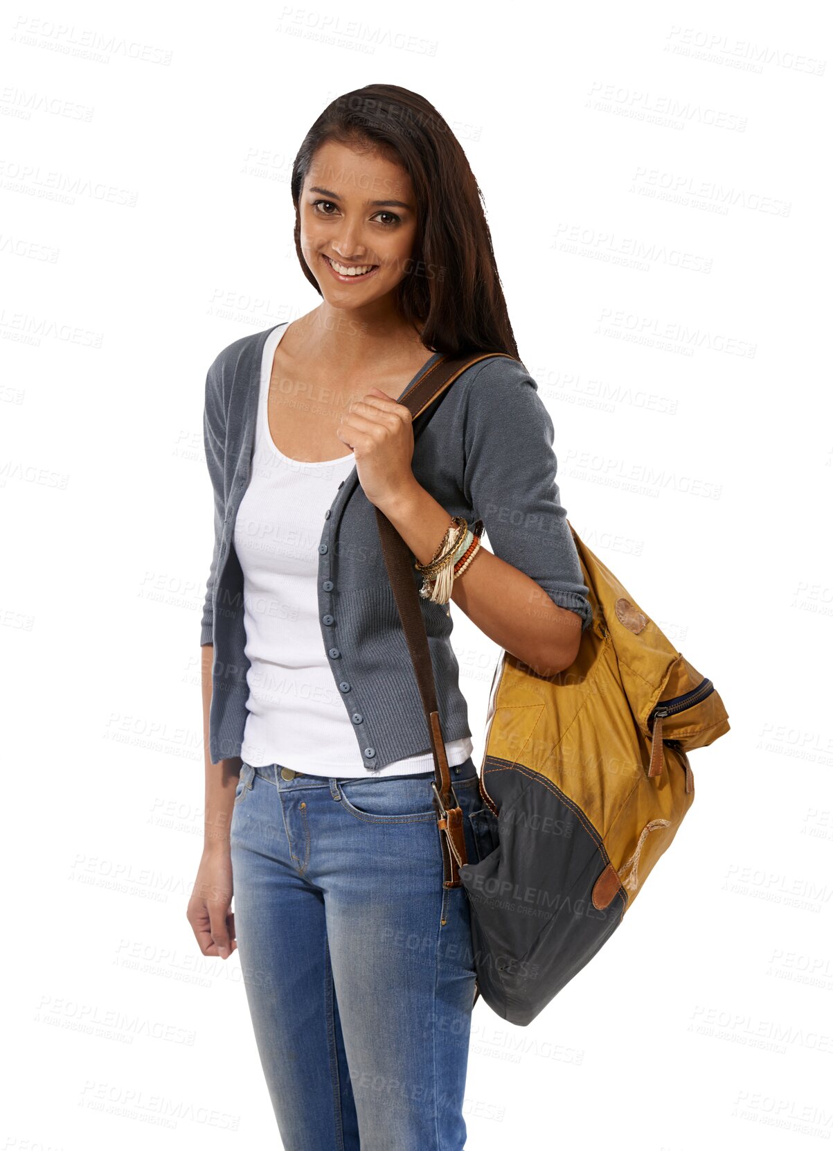 Buy stock photo University student, woman smile and portrait with backpack for study isolated on transparent, png background. Education, female person and college bag feeling happy with confidence from learning