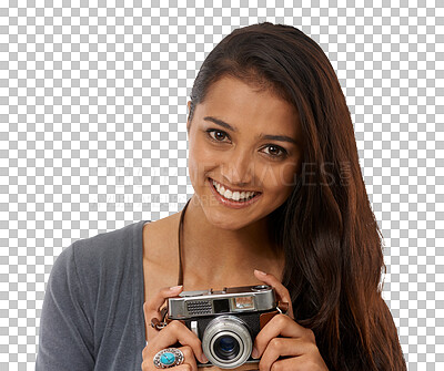 Buy stock photo Photography, retro camera and woman portrait with a smile isolated on a transparent, png background. Creative, photographer and taking a photo with a young female person feeling happy from picture