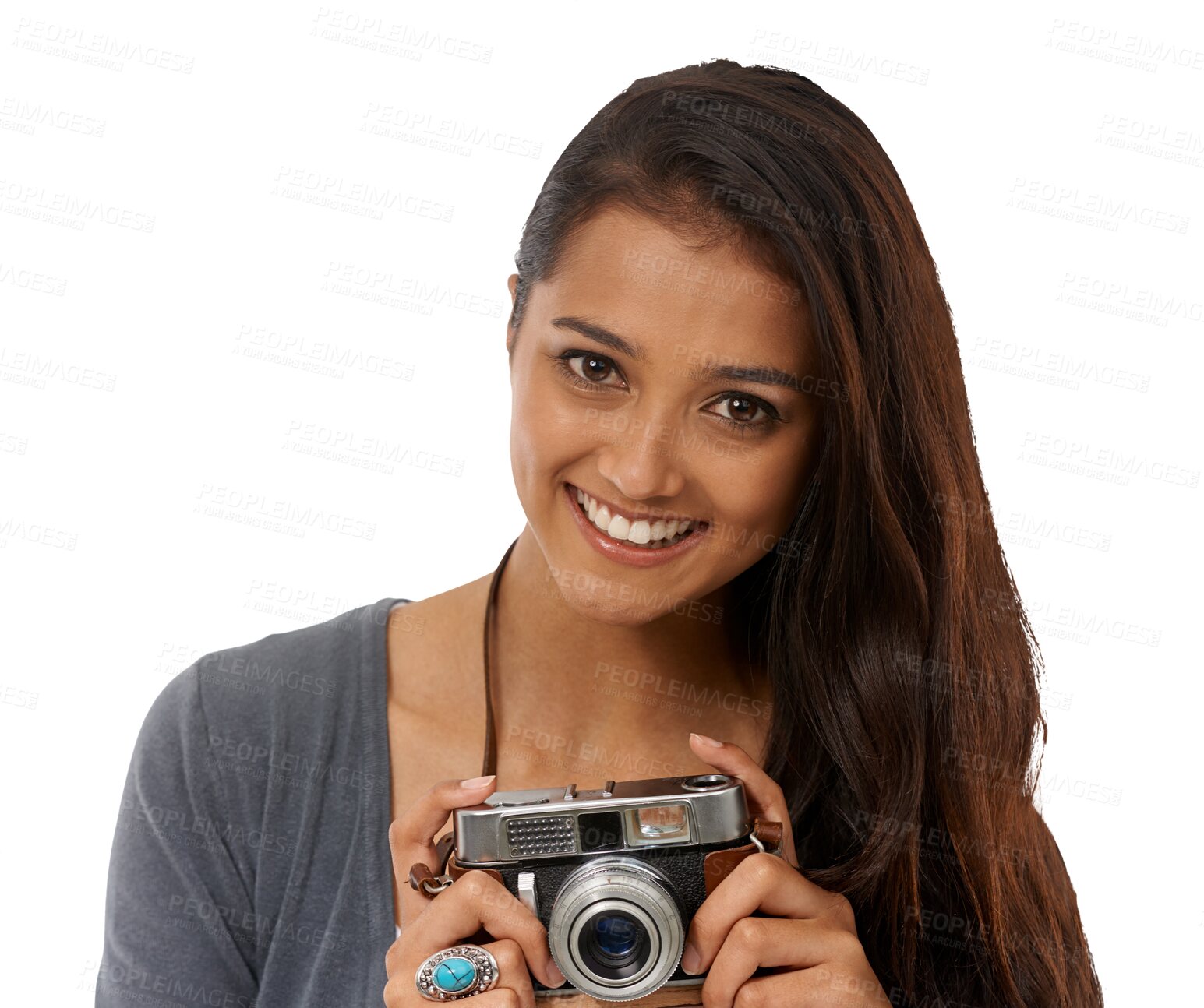 Buy stock photo Photography, retro camera and woman portrait with a smile isolated on a transparent, png background. Creative, photographer and taking a photo with a young female person feeling happy from picture