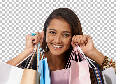 Buy stock photo Shopping, bags and portrait of happy woman with discount offer on isolated, transparent and png background. Face, smile and Indian female customer with sale, deal and retail boutique or promo product