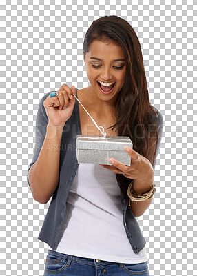 Buy stock photo Woman, surprise and gift excited with a wow smile isolated on a transparent, png background. Present, open box and female person feeling happy from giving and opening a ribbon of a silver package