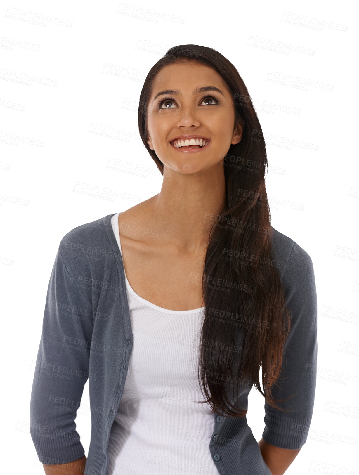 Buy stock photo Woman, thinking and happy with casual and modern fashion isolated on a transparent, png background. Young female person, looking up and ideas of a student with confidence and trendy gen z style