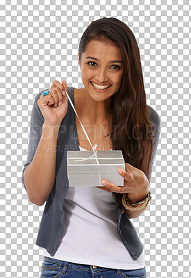 Buy stock photo Woman, excited portrait and gift looking happy with a smile isolated on a transparent, png background. Present, box and young female person with birthday giving and opening a ribbon of silver package