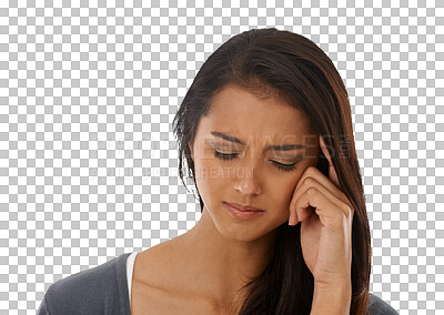 Buy stock photo Headache, stress and woman with anxiety or depression on isolated, transparent or png background. Face, migraine and female person with vertigo, burnout or brain fog, worried or mental health fail