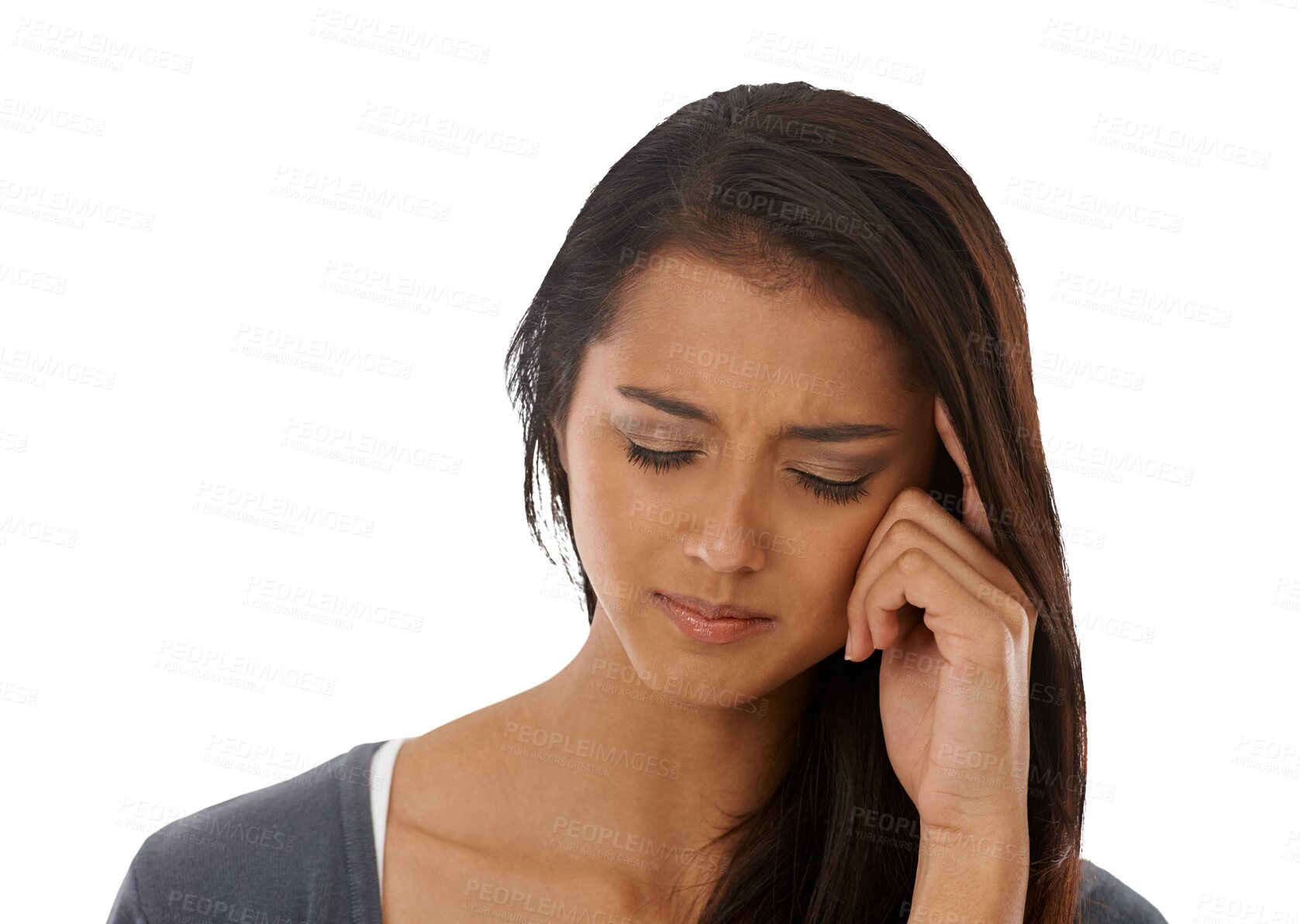 Buy stock photo Headache, stress and woman with anxiety or depression on isolated, transparent or png background. Face, migraine and female person with vertigo, burnout or brain fog, worried or mental health fail