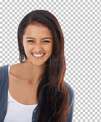 Buy stock photo Woman, smile and excited face with casual and modern fashion isolated on a transparent, png background. Young female person, portrait and beauty of a student with confidence and trendy gen z style