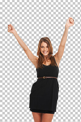 Buy stock photo Woman, celebration and portrait with winning and joy gesture isolated on a transparent, png background. Happy, excited and open arms of a young female person with cheer, freedom and yes sign