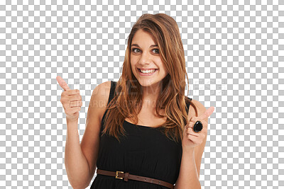 Buy stock photo Thumbs up, woman and excited portrait isolated on a transparent, png background. Happy, smile and young female person with yes agreement, success and emoji hand sign for thank you and winner gesture