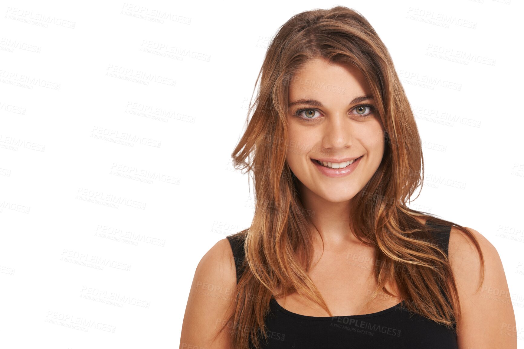 Buy stock photo Beauty, portrait and happy woman with hair care, wellness and cosmetics for healthy, clean and silky hairstyle. Face makeup, spa salon and person smile isolated on transparent, png background.
