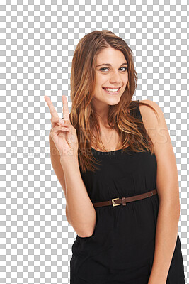 Buy stock photo Hand, peace and portrait of woman with finger, gesture or symbol on isolated, transparent and png background. Face, smile and female person showing v sign, emoji and thank you, good vibes or vote