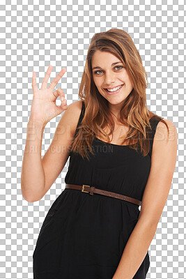 Buy stock photo Hands, portrait and happy woman with OK sign on isolated, transparent or png background. Perfect, hand and face of female person smile with gesture, emoji or success symbol, review or feedback vote