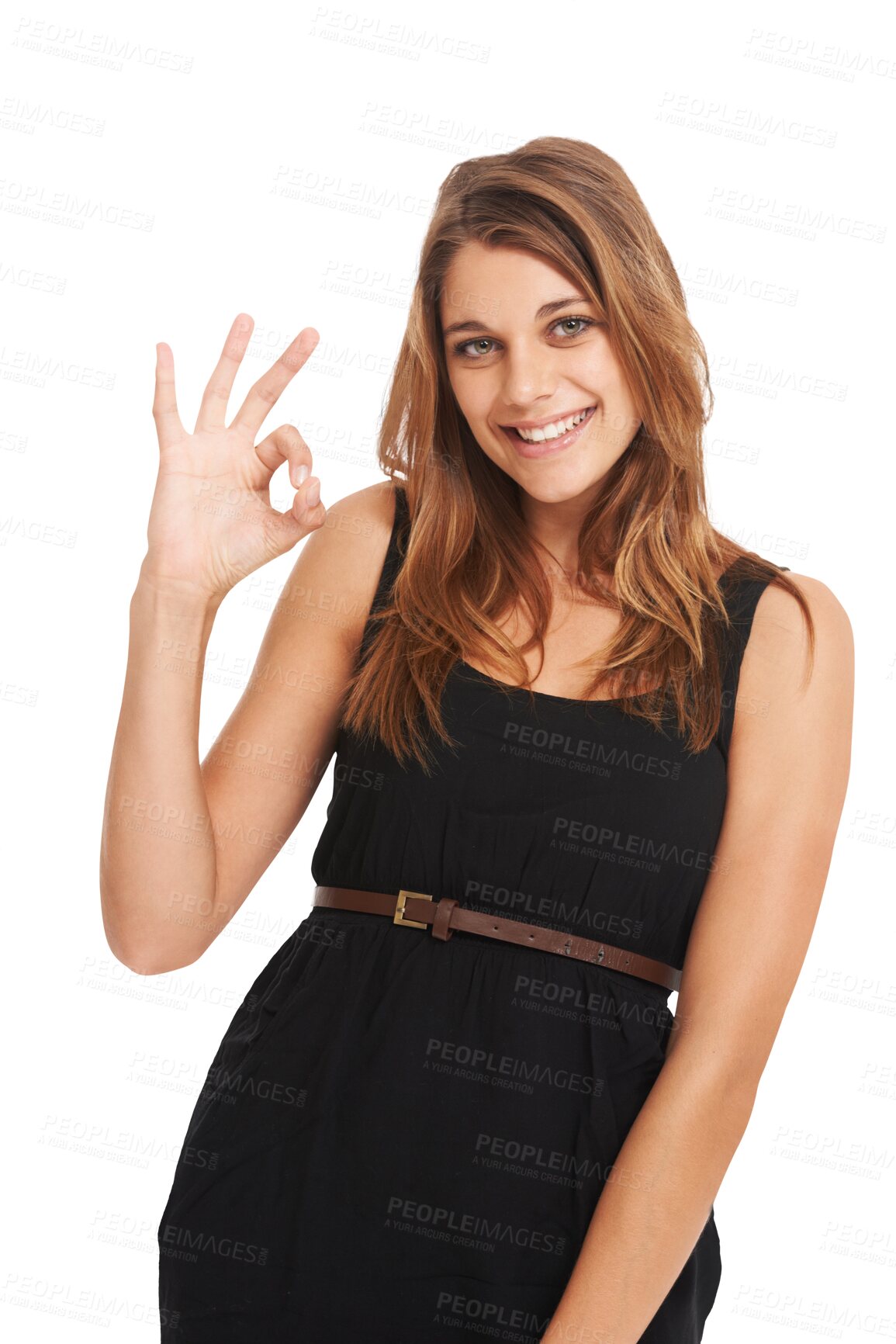 Buy stock photo Hands, portrait and happy woman with OK sign on isolated, transparent or png background. Perfect, hand and face of female person smile with gesture, emoji or success symbol, review or feedback vote