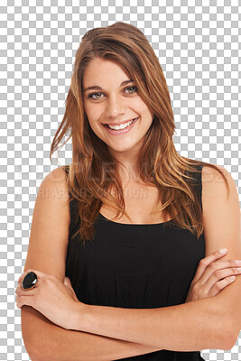 Buy stock photo Woman, portrait and smile with arms crossed and clothing isolated on transparent, png background. Happy, young female person empowerment and beauty with confidence and gen z feeling trendy with style