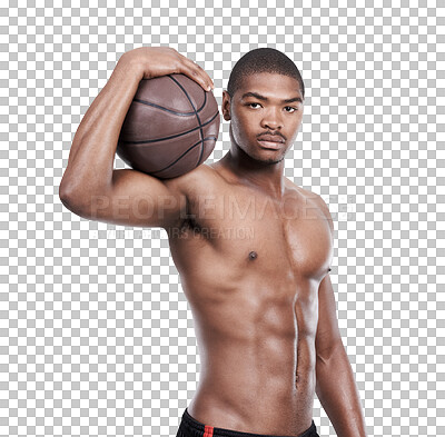 Buy stock photo Black man, portrait and basketball for sport, workout and fitness for a game. Topless, African male player and serious person isolated on a transparent, png background for exercise and body health