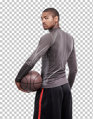 Buy stock photo Sports, portrait and black man with basketball for fitness on isolated, transparent and png background. Mindset, face and African male player with ball for exercise, training and resilience workout