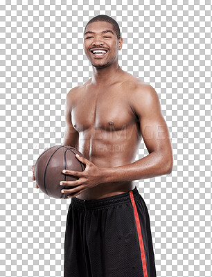 Buy stock photo Basketball workout, sport portrait and happy black man  training for sports progress, cardio exercise or body fitness. Smile, happiness or African male athlete isolated on transparent, png background