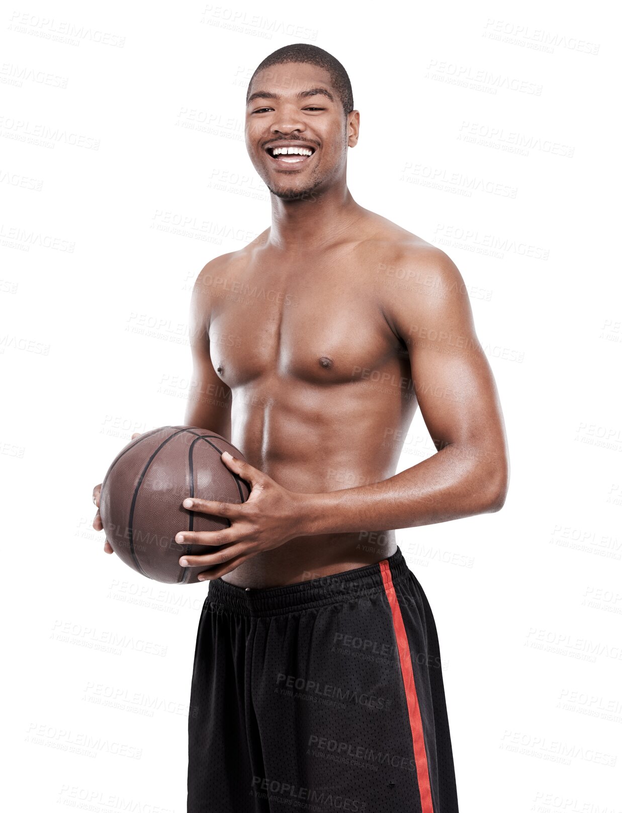 Buy stock photo Basketball workout, sport portrait and happy black man  training for sports progress, cardio exercise or body fitness. Smile, happiness or African male athlete isolated on transparent, png background