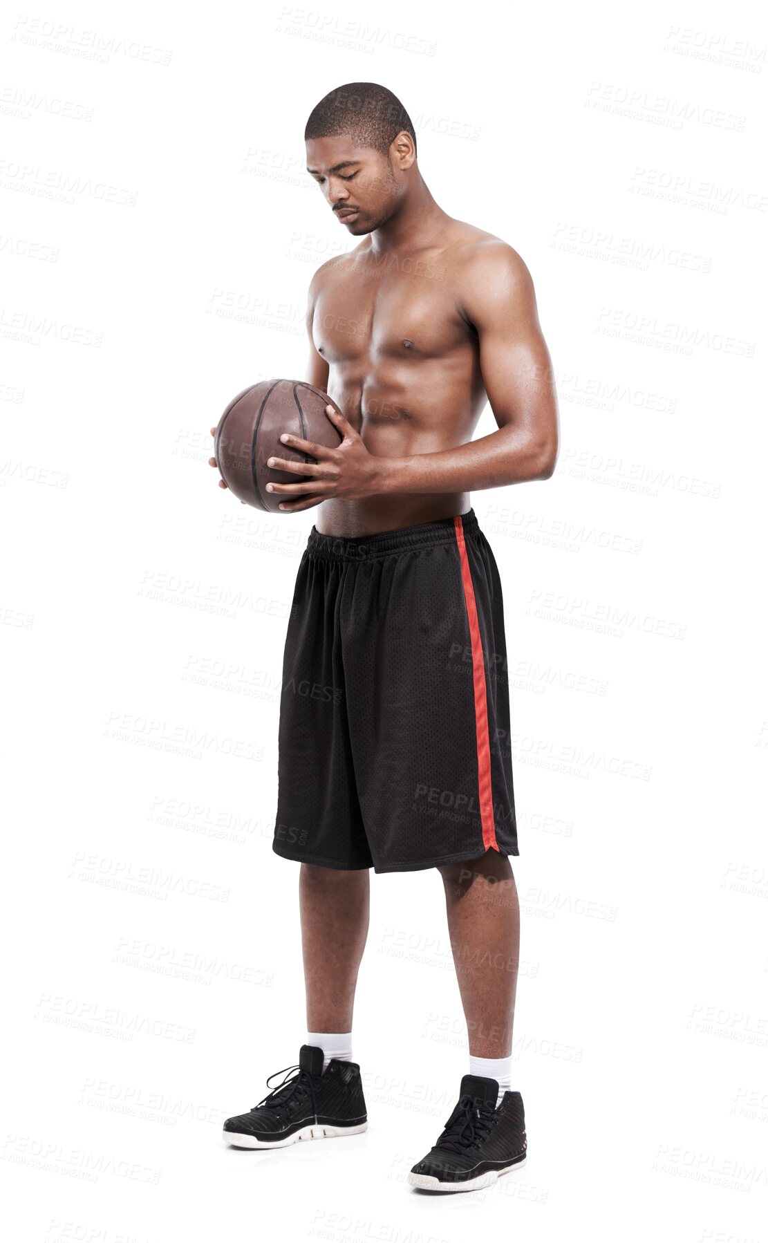 Buy stock photo Basketball, sports and black man focus on ball for workout challenge, training practice or fitness commitment. Player development, mindset and African person isolated on transparent, png background