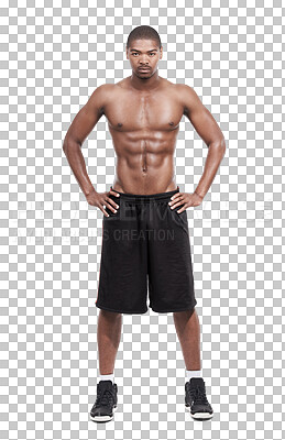 Buy stock photo Black man, serious fitness and portrait with workout, motivation and focus for exercise. African male person, body training and strong muscle isolated on a transparent, png background with abs