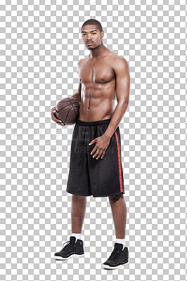 Buy stock photo Basketball portrait, sports fitness and black man workout, training and exercise for challenge, game or match competition. Focus, competitive or African person isolated on transparent, png background