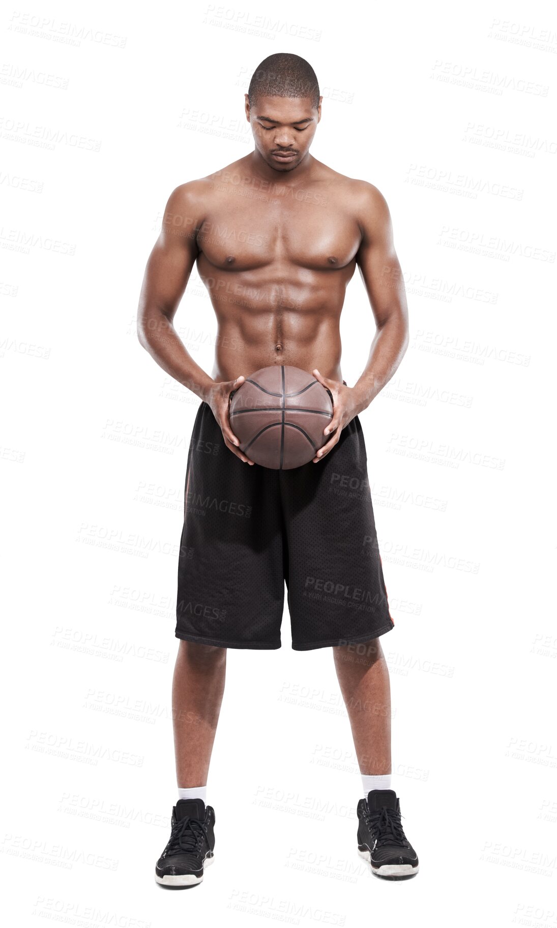 Buy stock photo Basketball motivation, sports focus and black man workout, training and exercise for athlete, game or match competition. Mindset, competitive and active person isolated on transparent, png background