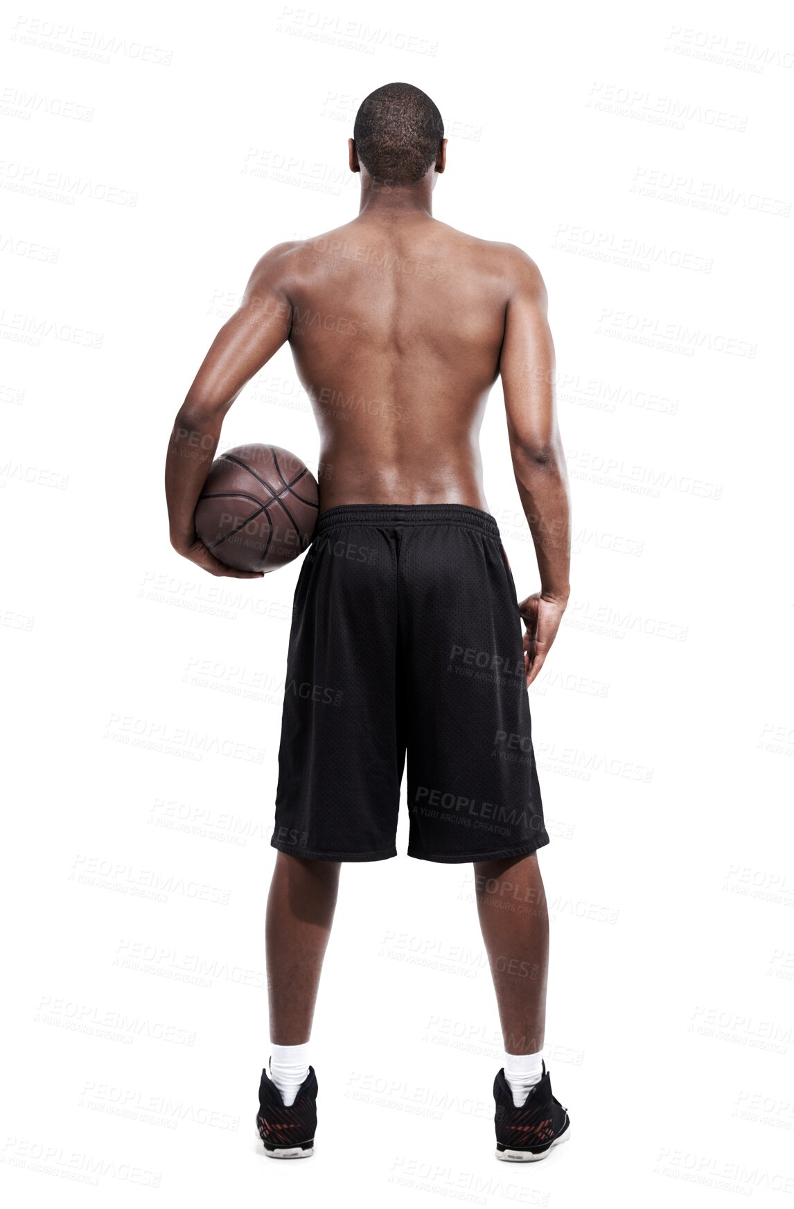 Buy stock photo Basketball, sports fitness and back of black man, athlete or player workout, training and exercise for match competition. Active, competitive or African person isolated on transparent, png background