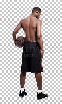 Buy stock photo Basketball, sports motivation or back of black man, athlete or player workout, training and exercise for practice match. Healthy body, cardio or African person isolated on transparent, png background