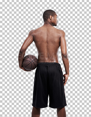 Buy stock photo Black man, athlete back and basketball for sport, workout and ball for a game. Topless, African male player and serious person isolated on transparent, png background for exercise and fitness health