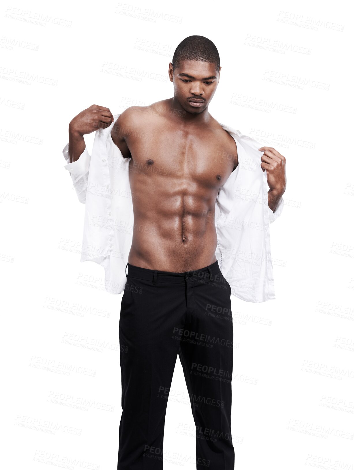 Buy stock photo Chest, shirt and black man with body, muscle and fitness results on isolated, transparent and png background. Wellness, sixpack and African male model dressing, shirtless and positive sexy aesthetic 