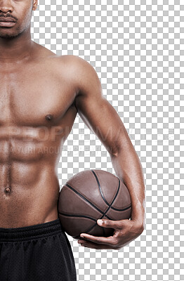 Buy stock photo Sports, body and basketball by man topless on isolated, transparent and png background. Muscle, training and male player with ball for fitness, exercise and sport game, match or healthy lifestyle 