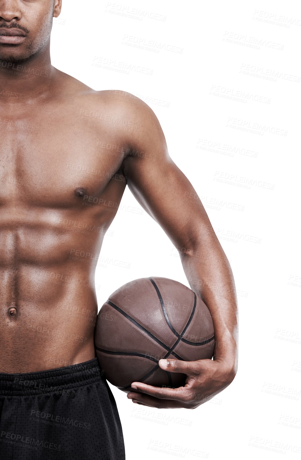 Buy stock photo Sports, body and basketball by man topless on isolated, transparent and png background. Muscle, training and male player with ball for fitness, exercise and sport game, match or healthy lifestyle 