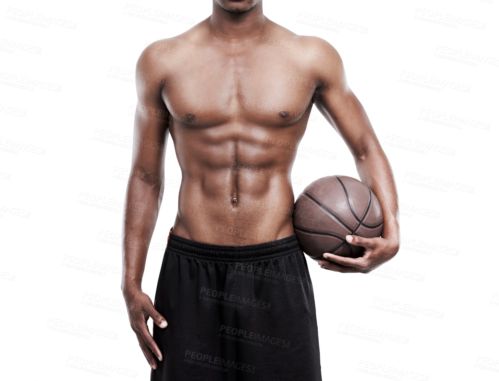 Buy stock photo Basketball player, fitness and man body with ball on isolated, transparent and png background. Sports, workout and stomach of male athlete ready for game, challenge and workout, training or match